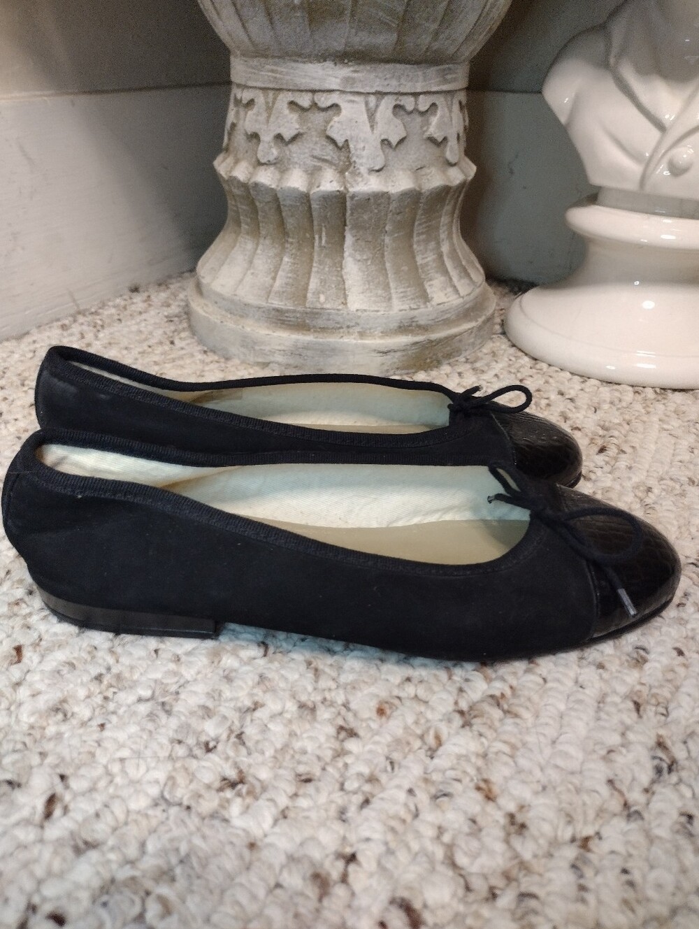 French Sole Black Cap Toed Suede & Leather, Bow Decorated Ballet Flats